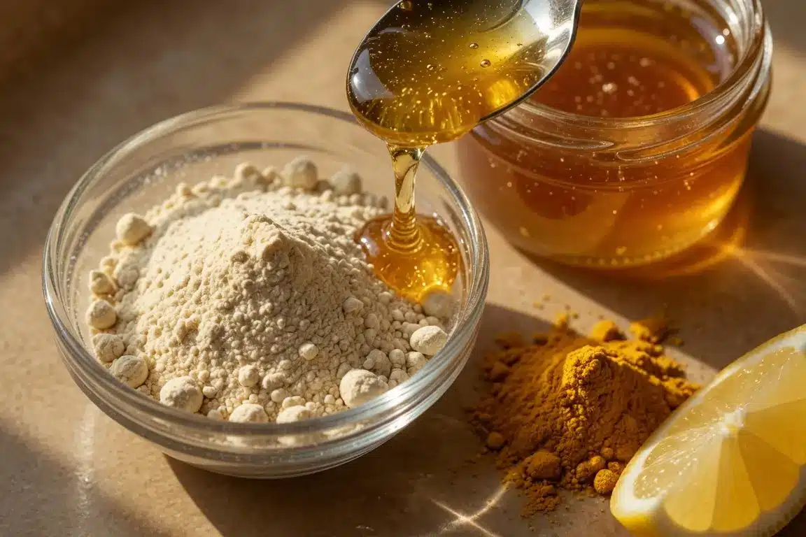 gelatin-trick-recipe-ingredients-flatlay Ingredients for gelatin trick recipe including honey and turmeric