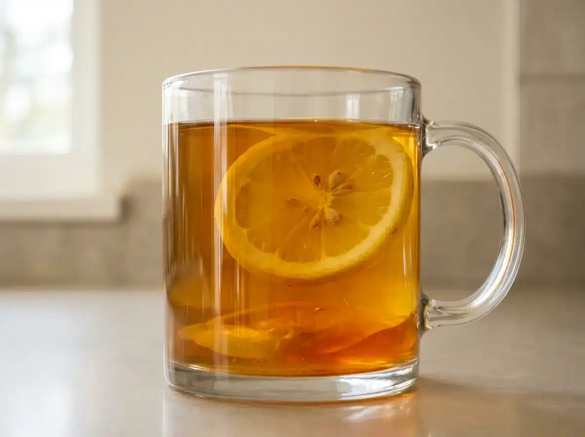 honey-and-lemon-tea-02 Side view of honey and lemon tea mug.