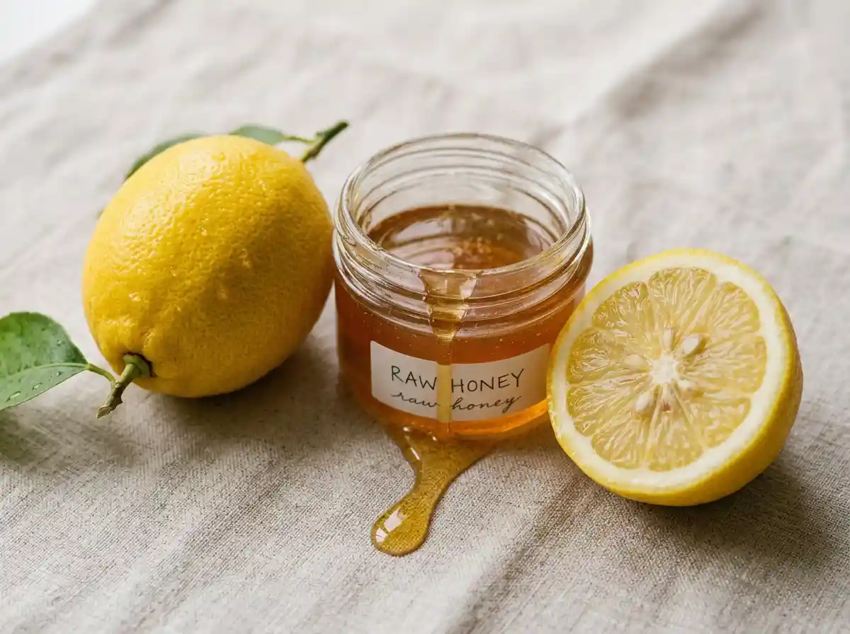 honey-and-lemon-tea-03 Raw honey and fresh lemon ingredients for honey and lemon tea.