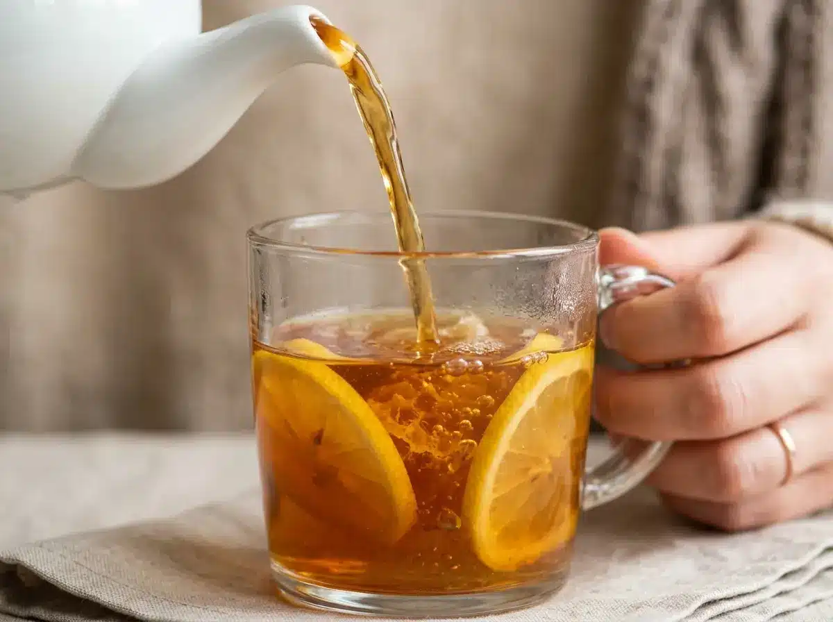 honey-and-lemon-tea-04 Hot water poured into mug for honey and lemon tea.