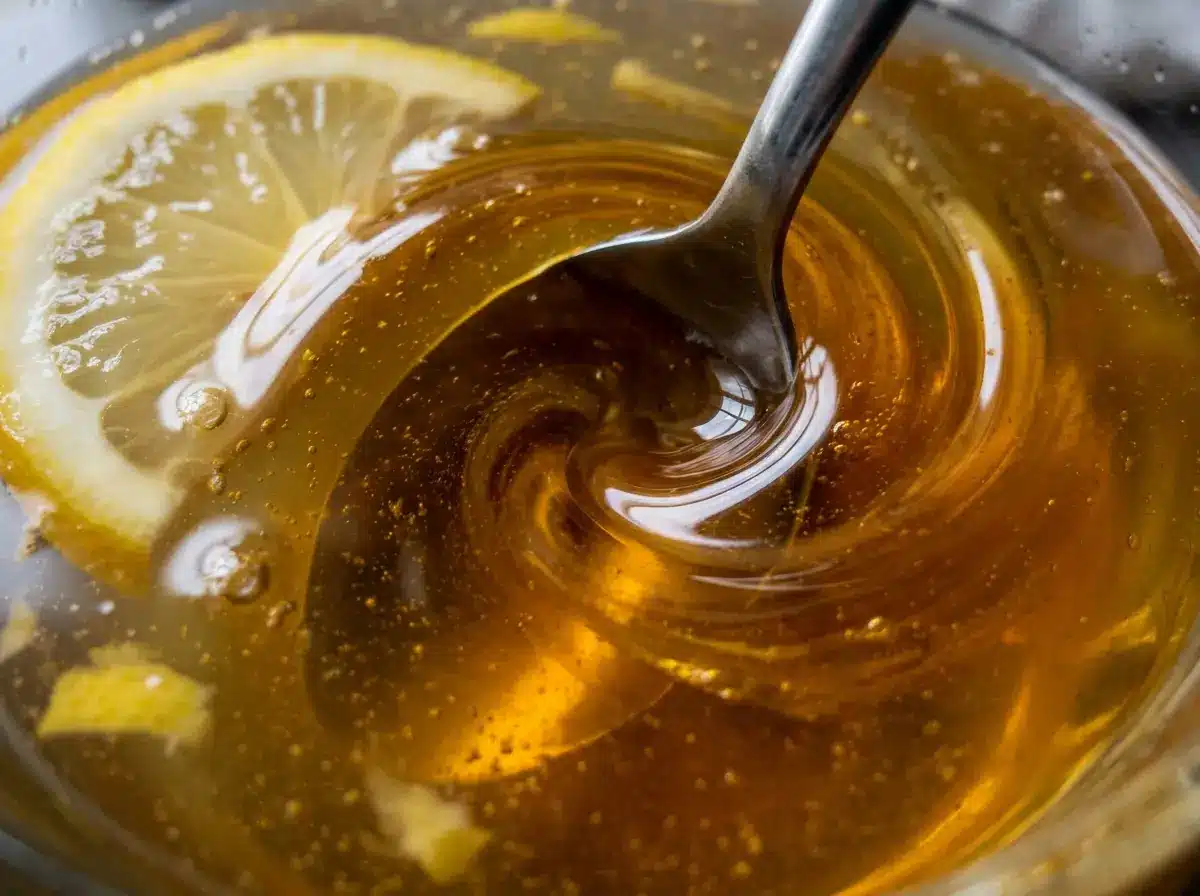 honey-and-lemon-tea-05 Honey stirring into warm water for honey and lemon tea.