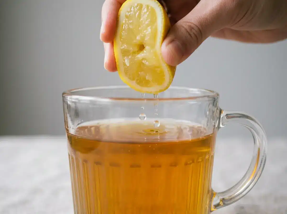 honey-and-lemon-tea-06 Fresh lemon juice added to honey and lemon tea.