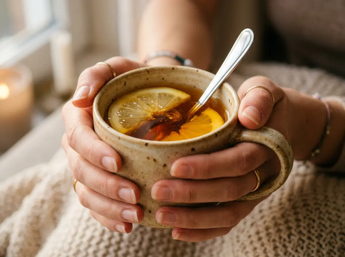 honey-and-lemon-tea-09 Hands holding honey and lemon tea mug.