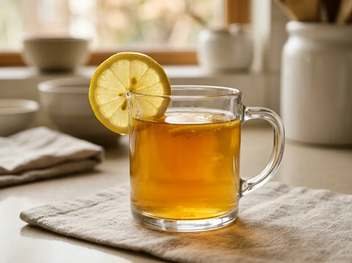 honey-and-lemon-tea-10 Final serving honey and lemon tea in a clear mug.