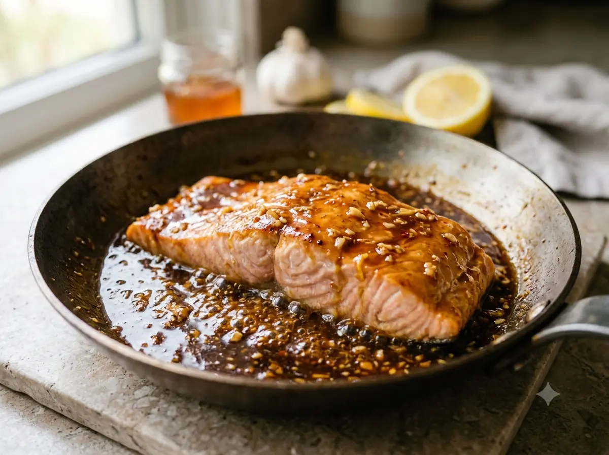 honey-garlic-salmon-baste Salmon being basted with honey garlic sauce in pan