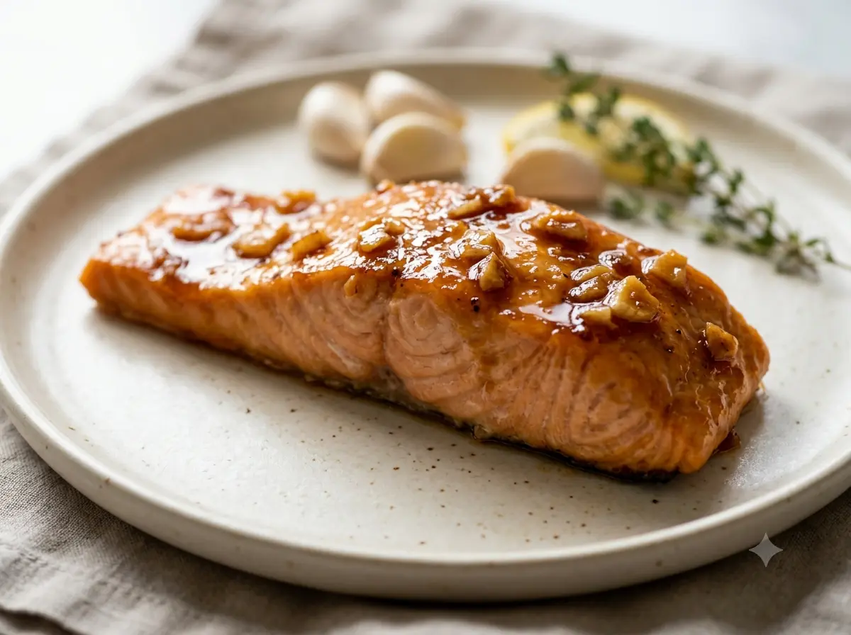 honey-garlic-salmon-faq Honey garlic salmon on plate close up for FAQ section