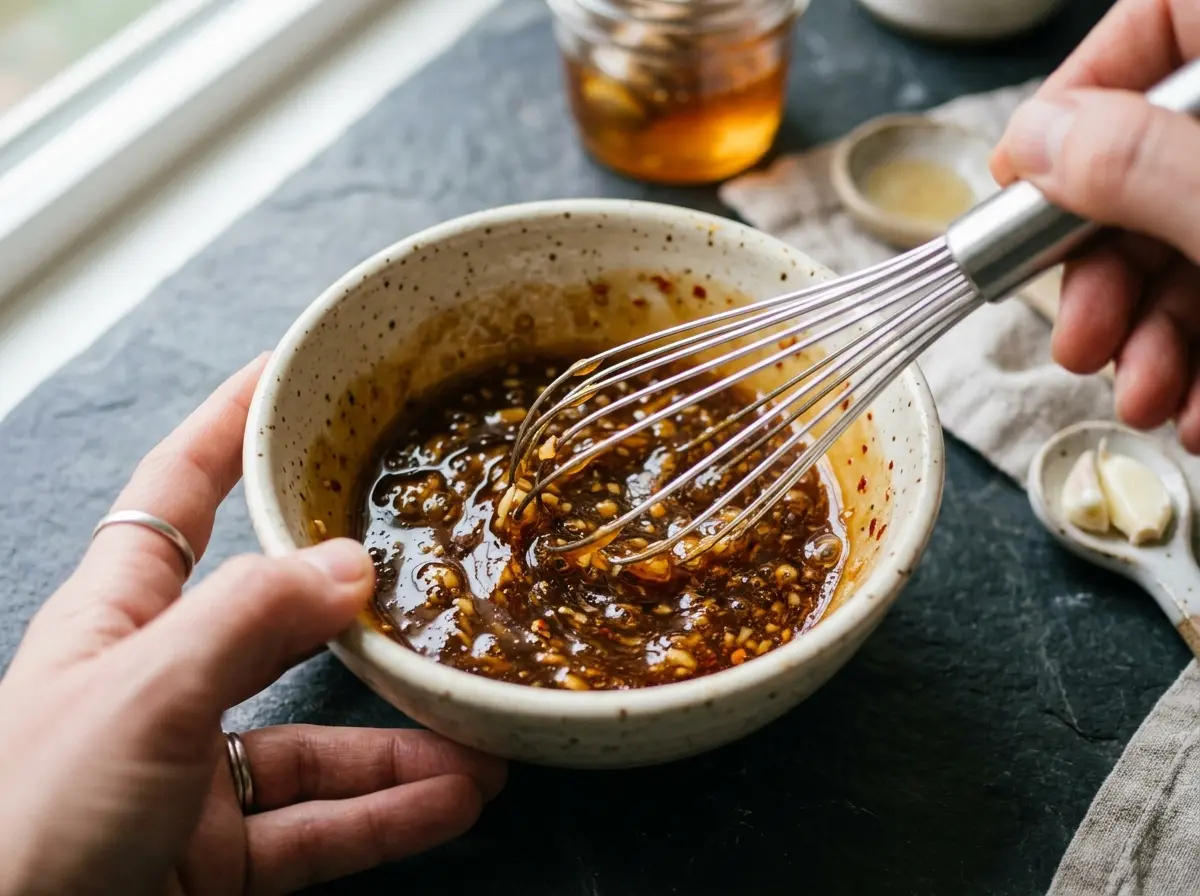 honey-garlic-salmon-glaze Close up honey garlic glaze being whisked for salmon