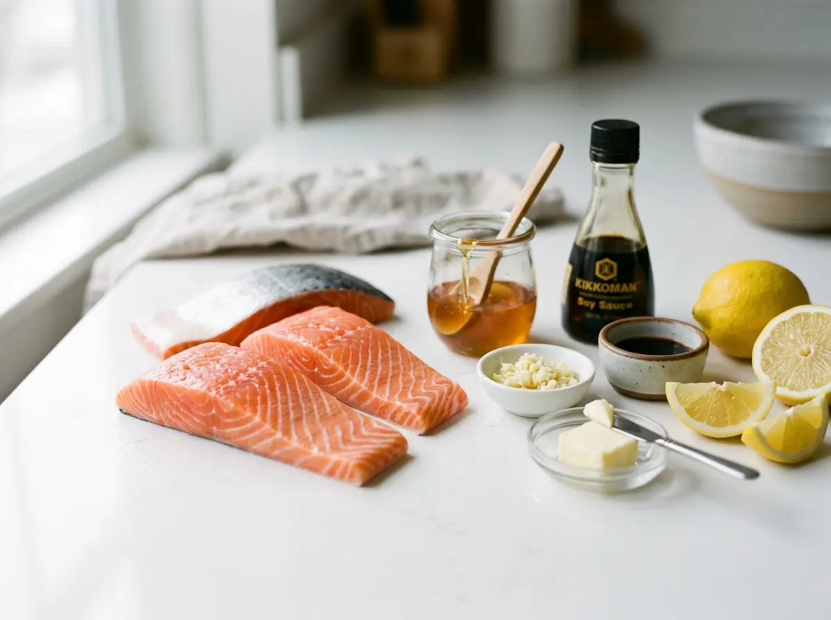 honey-garlic-salmon-ingredients Honey garlic salmon ingredients with salmon honey garlic soy sauce lemon