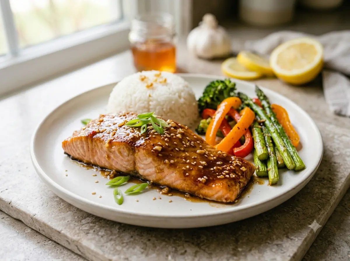honey-garlic-salmon-mealprep Honey garlic salmon meal prep containers close up