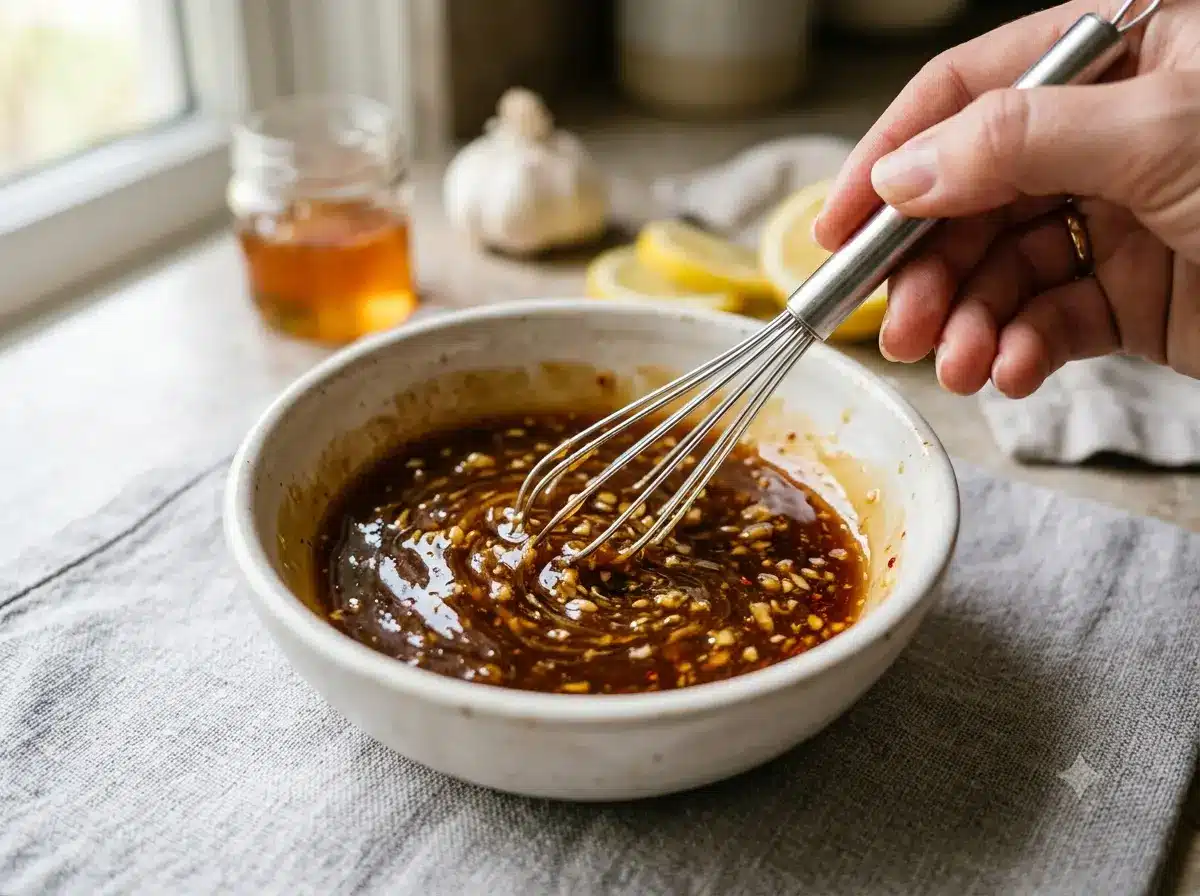 honey-garlic-salmon-pan Honey garlic salmon cooking in skillet with glossy sauce