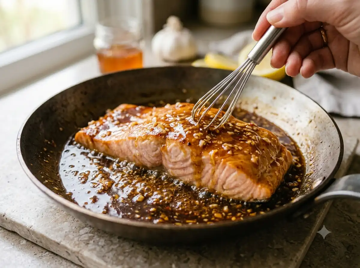 honey-garlic-salmon-plated Plated honey garlic salmon with rice and vegetables close up