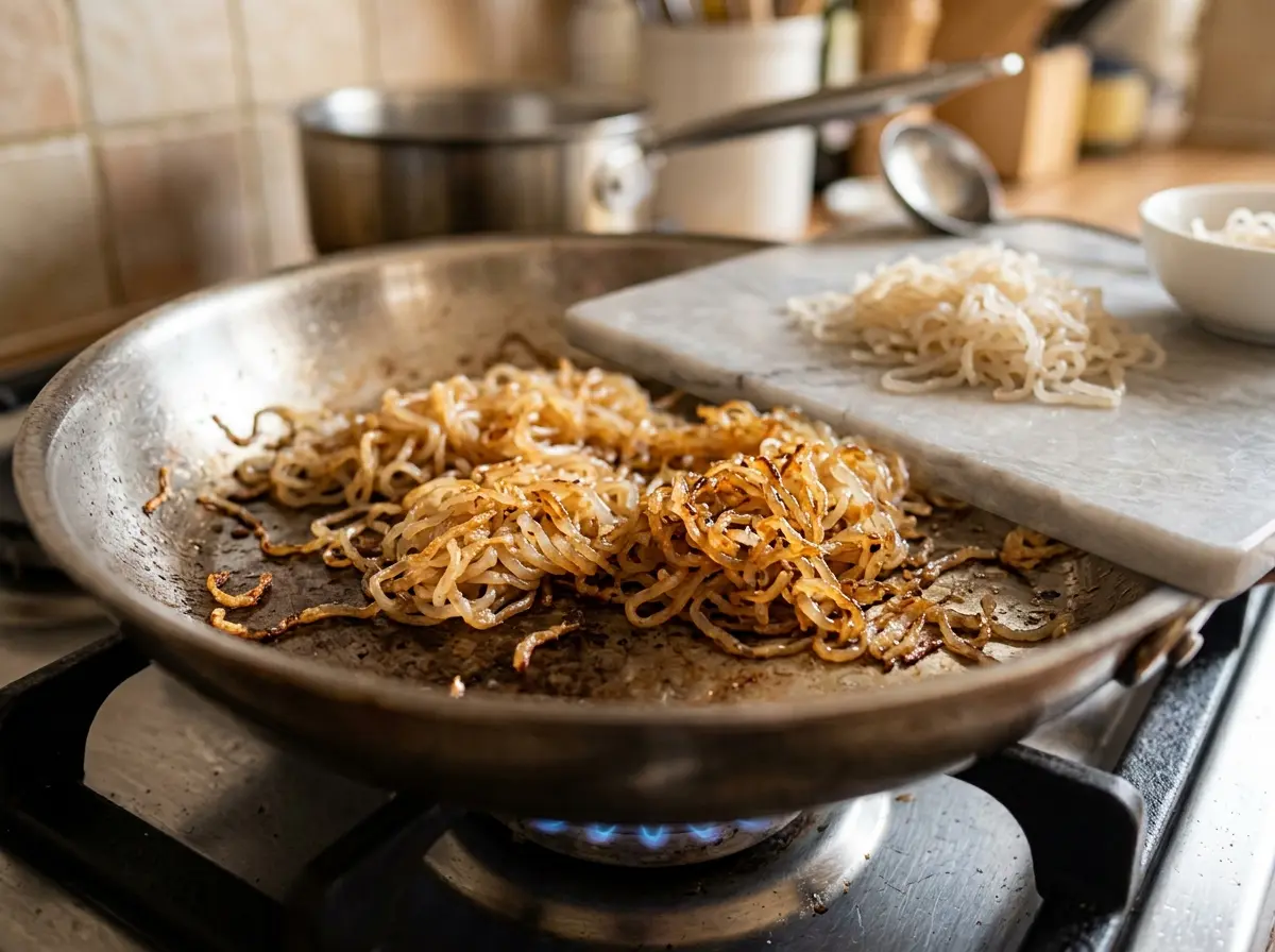 Dry-frying shirataki noodles in a hot skillet