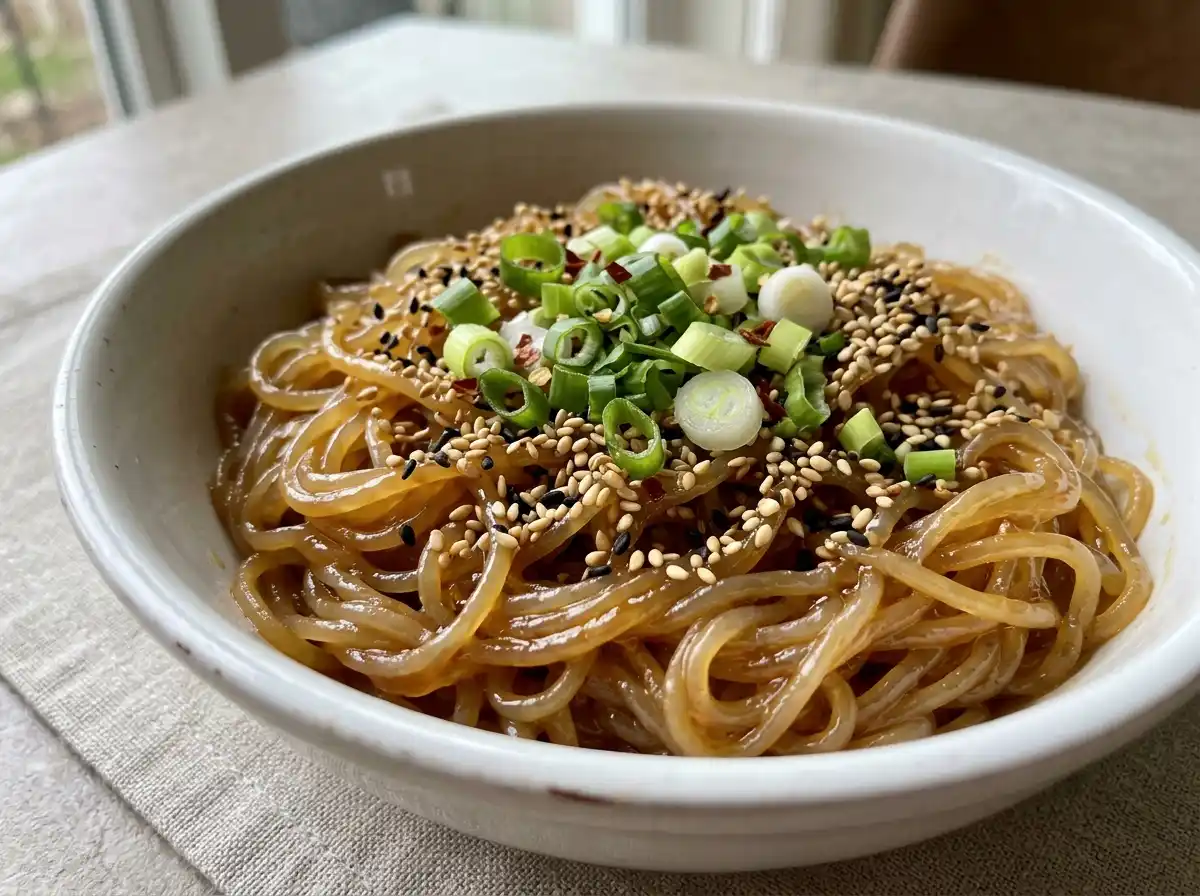Garnishing honey sesame shirataki noodles with sesame seeds and green onion