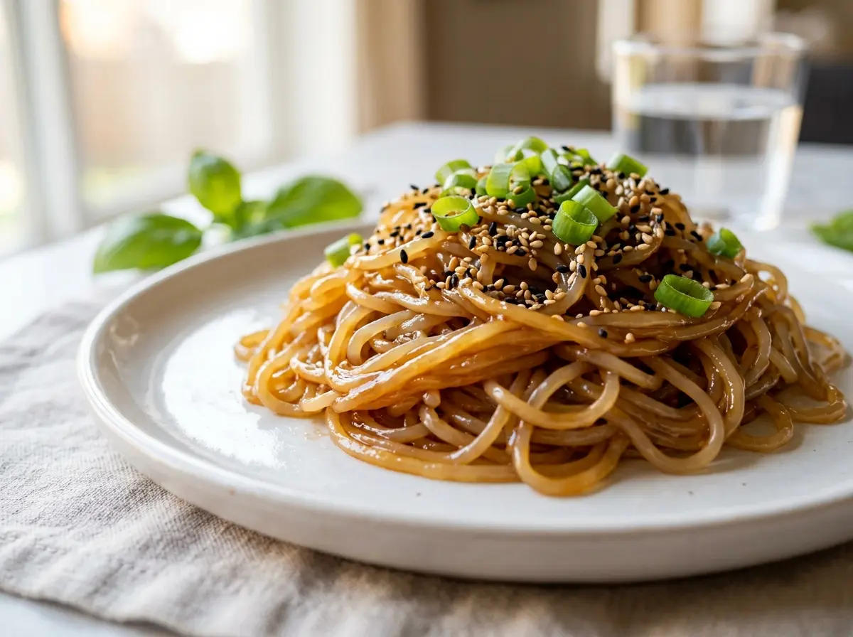 Honey sesame shirataki noodles glazed in warm sauce on white plate