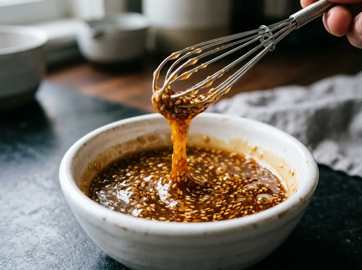 Whisking honey sesame sauce in a small bowl