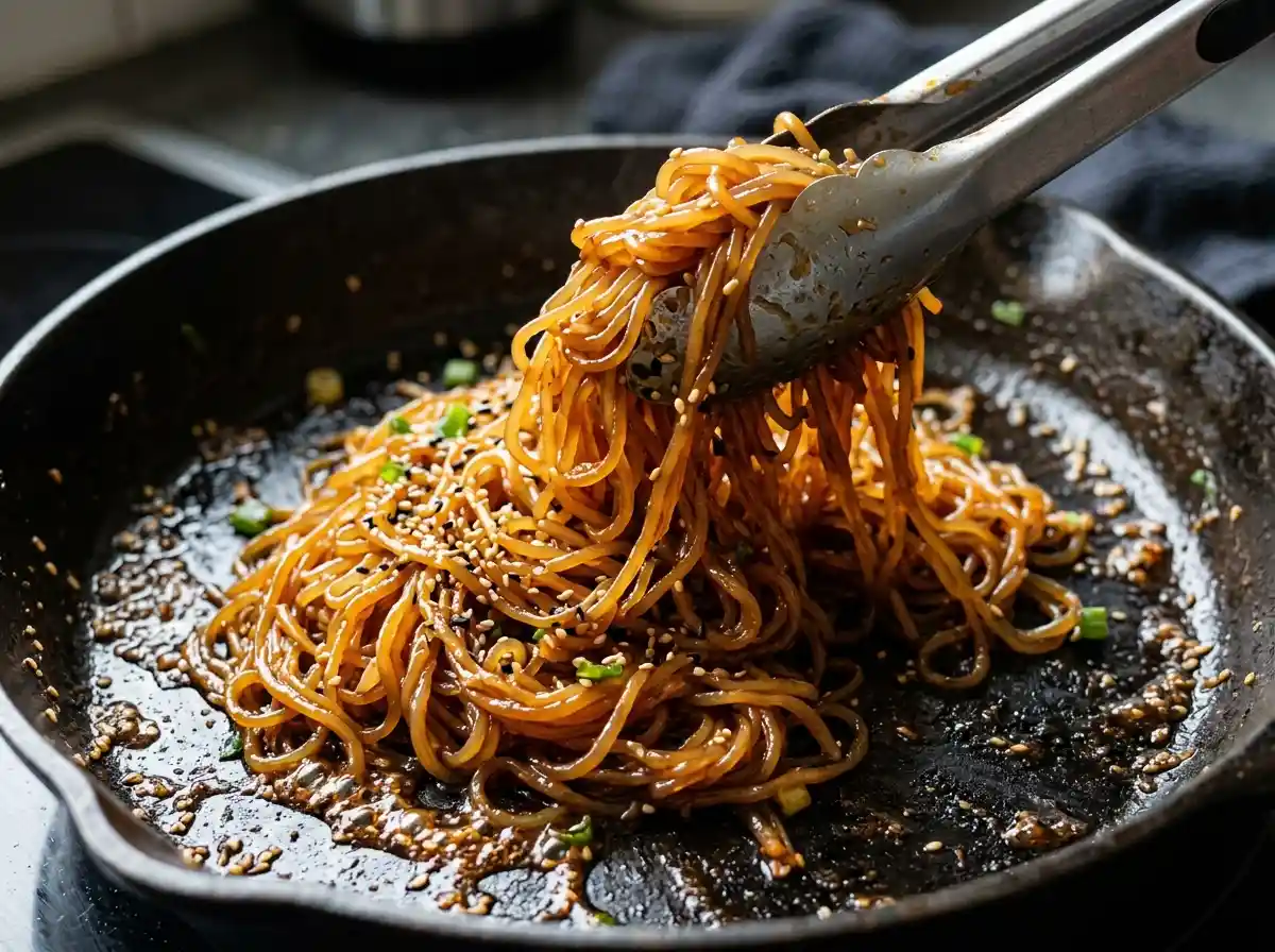 Tossing honey sesame shirataki noodles with sauce in skillet