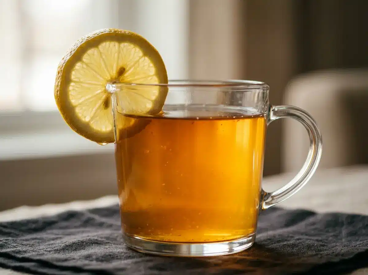 Close up honey and lemon tea in a clear mug.
