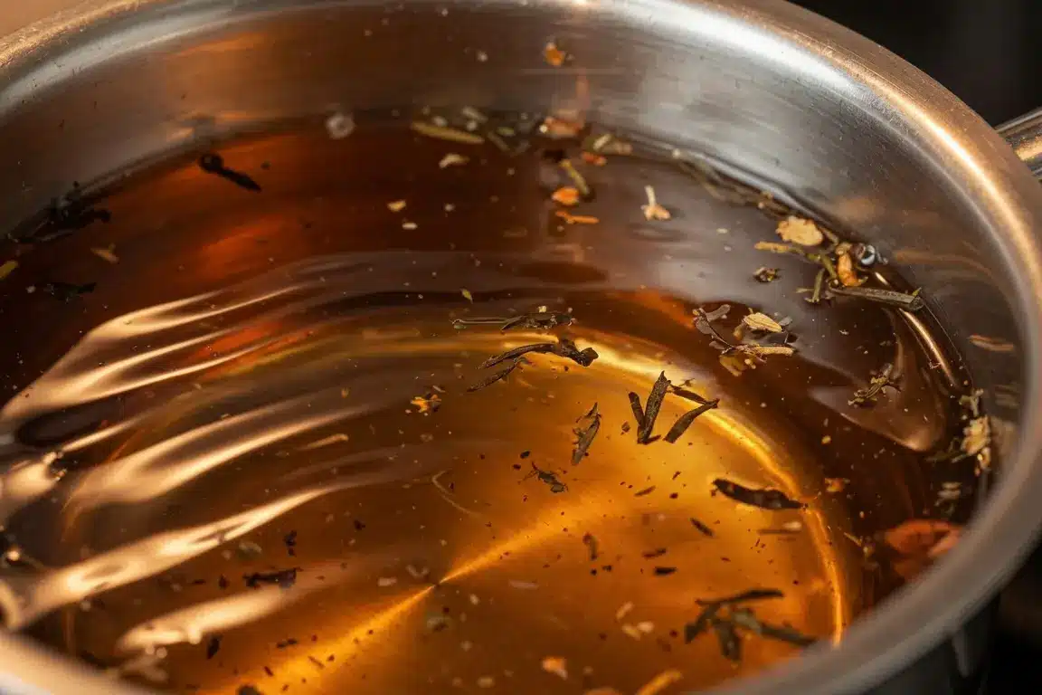 step-1-heat-herbal-tea-gelatin-recipe Warm herbal tea being heated for gelatin trick recipe step one