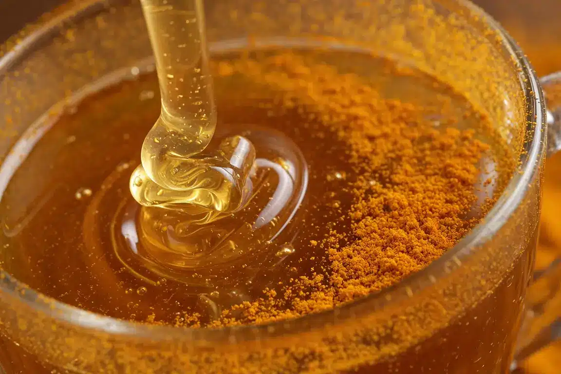 step-3-add-honey-turmeric-gelatin-drink Honey and turmeric added to gelatin drink close up