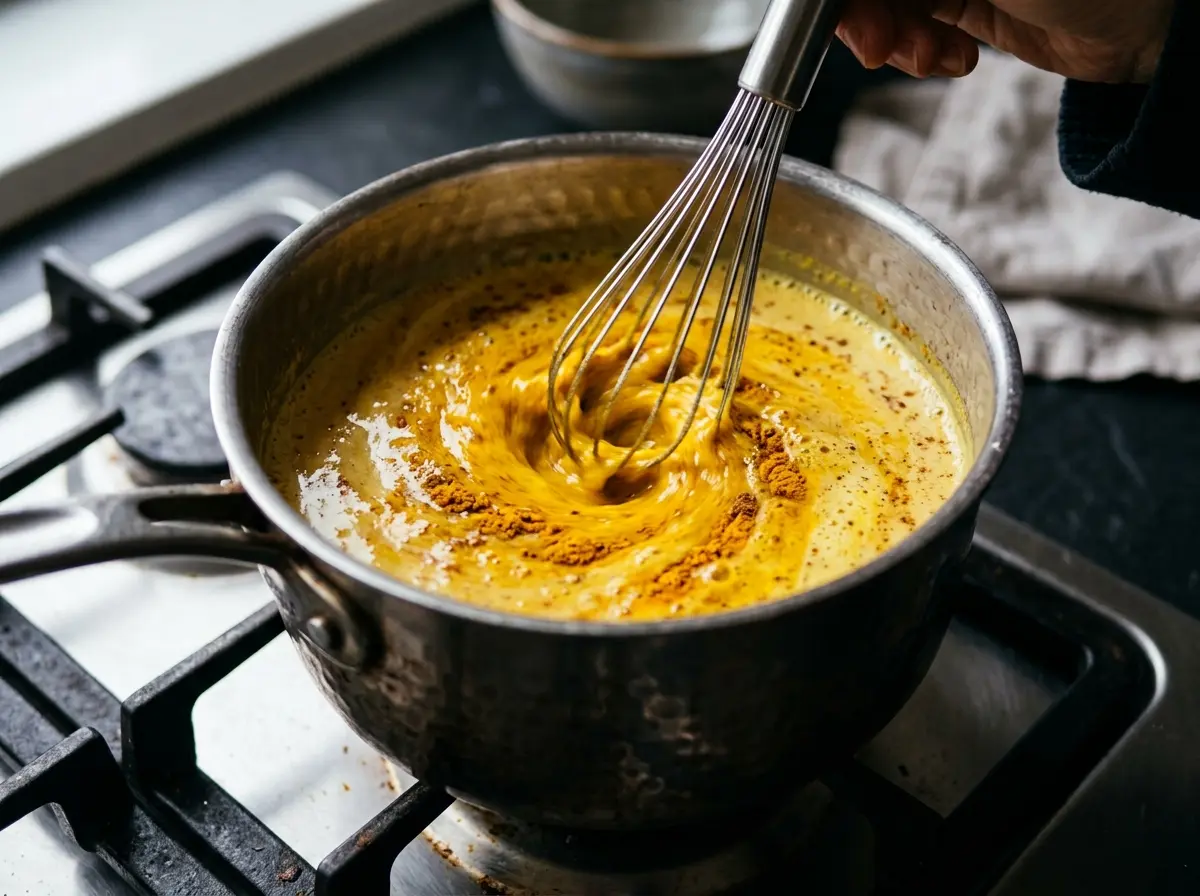 Whisking turmeric and cinnamon into dr gupta honey recipe tea