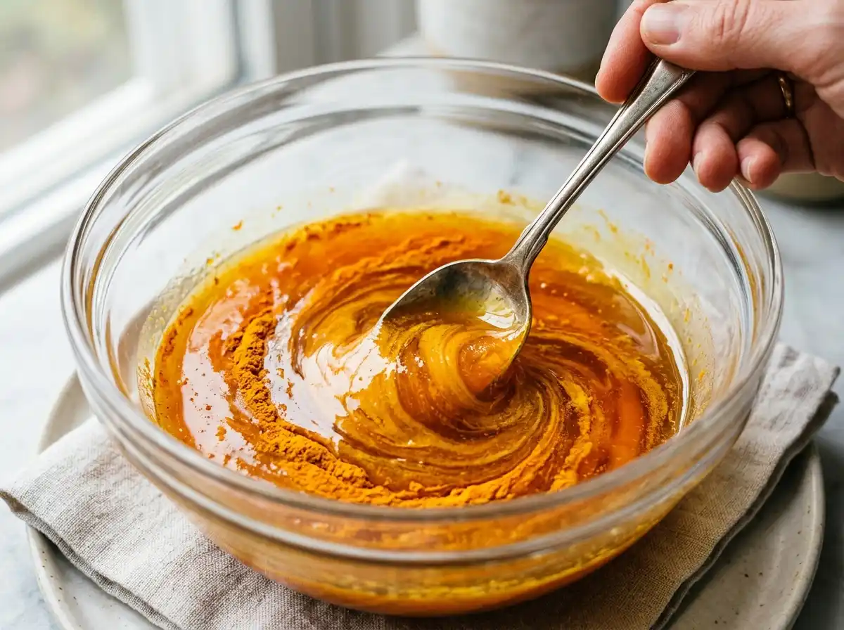 Adding turmeric powder into honey for golden honey recipe