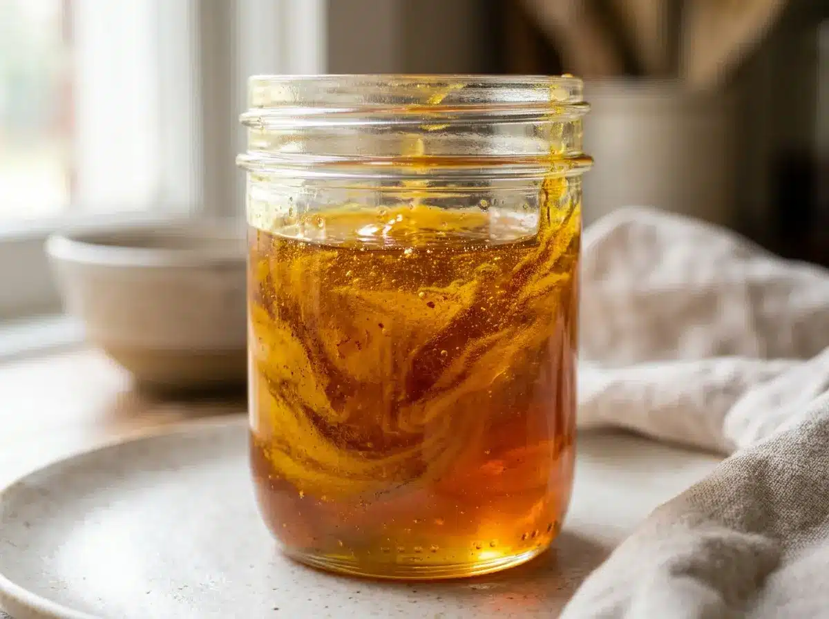 Golden honey recipe with turmeric and black pepper in a glass jar