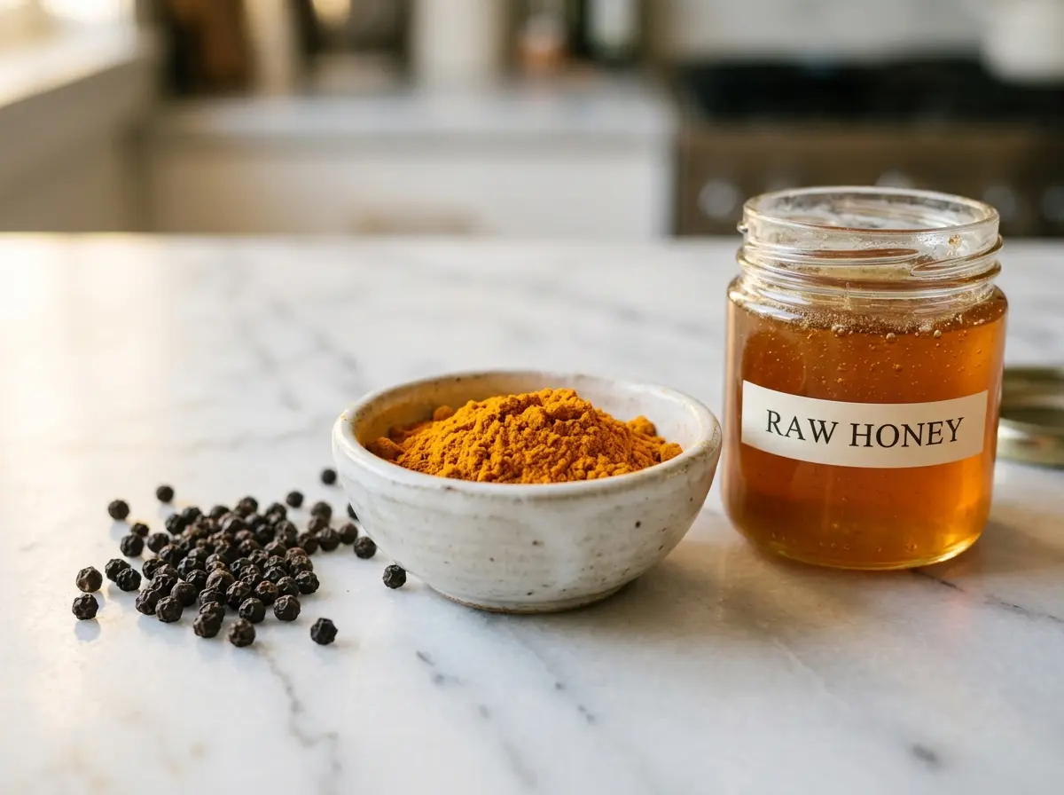 Ingredients for golden honey recipe including honey turmeric and pepper