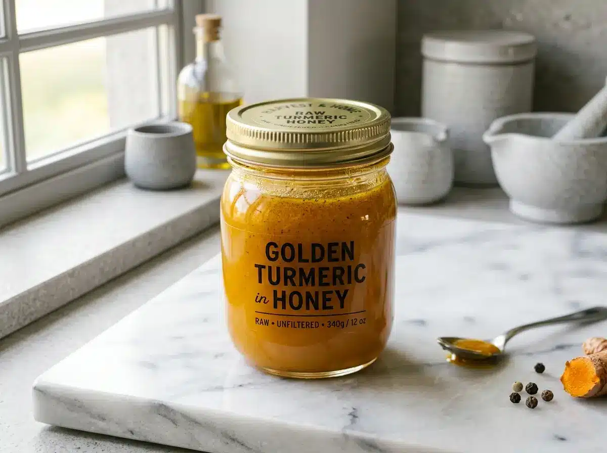 Golden honey recipe stored in a sealed glass jar