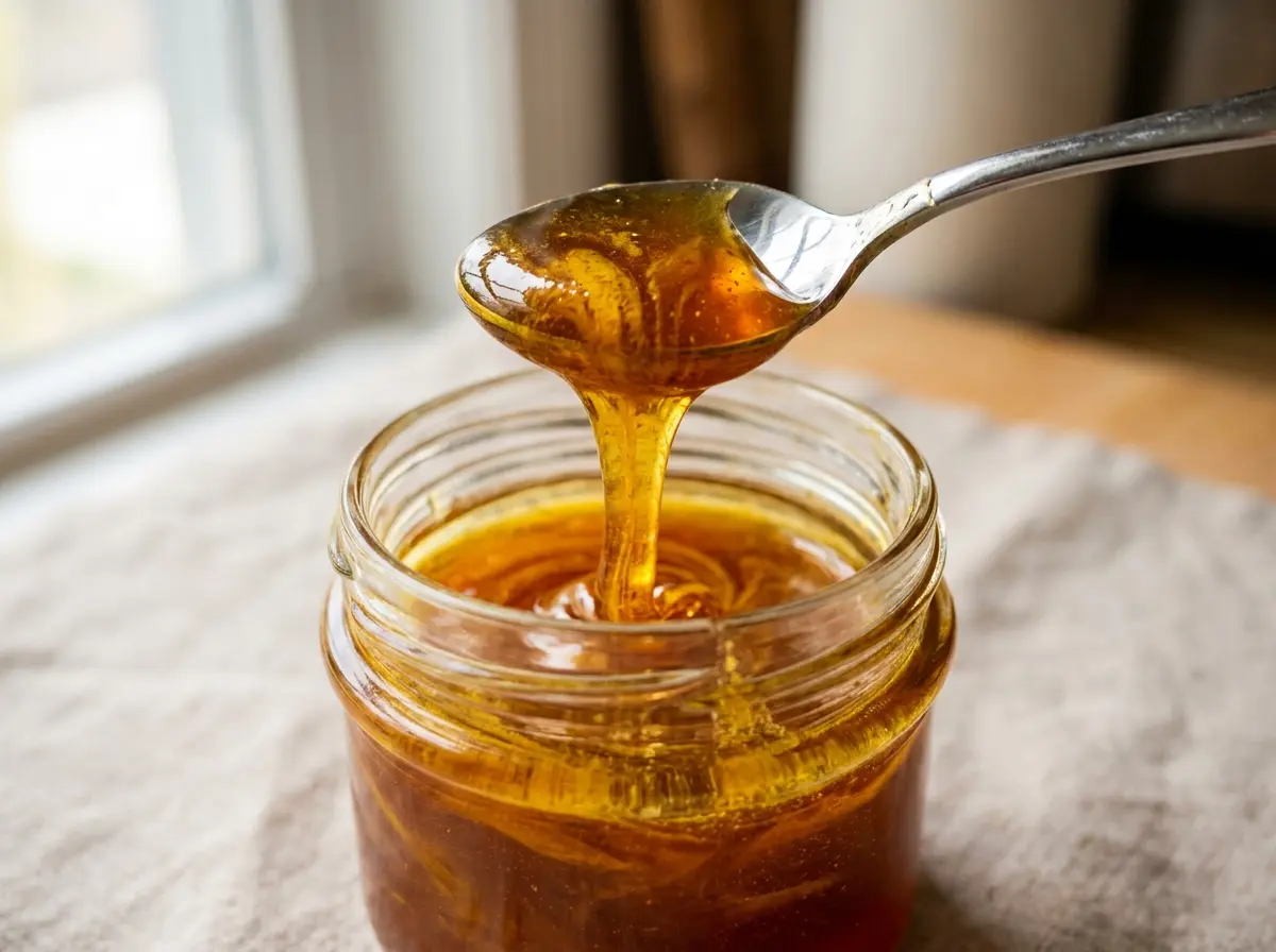 Golden honey recipe stored in a sealed glass jar