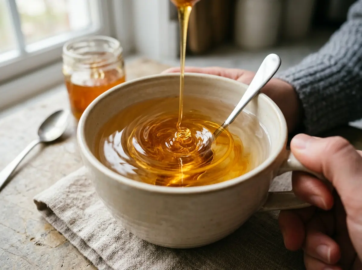 Golden honey recipe stirred into warm water for morning drink