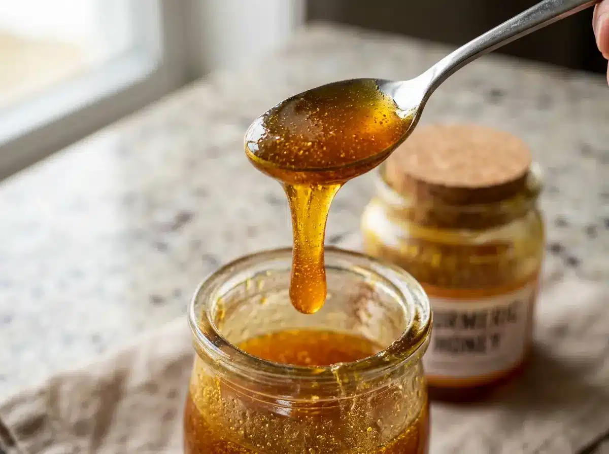  Spoon of golden honey recipe close up detail shot