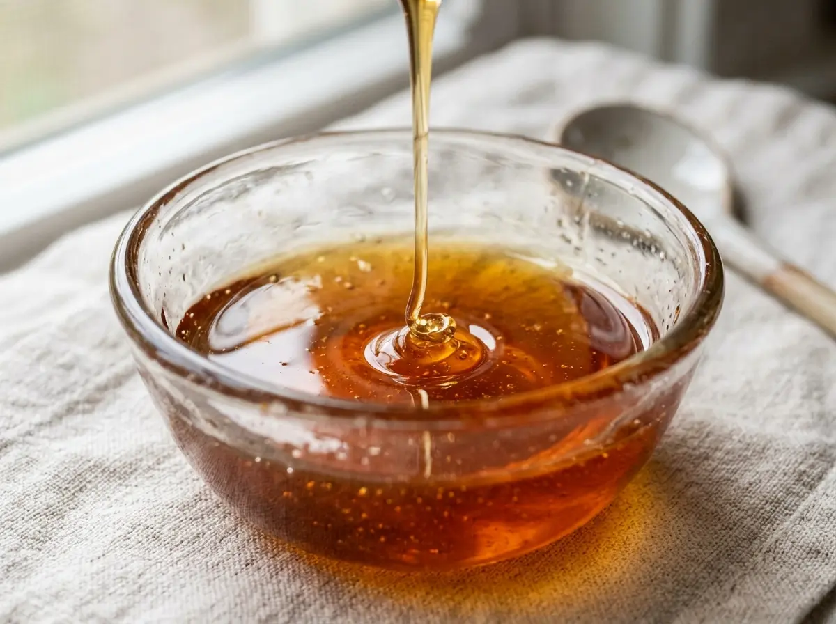 Warming raw honey in a glass bowl for golden honey recipe