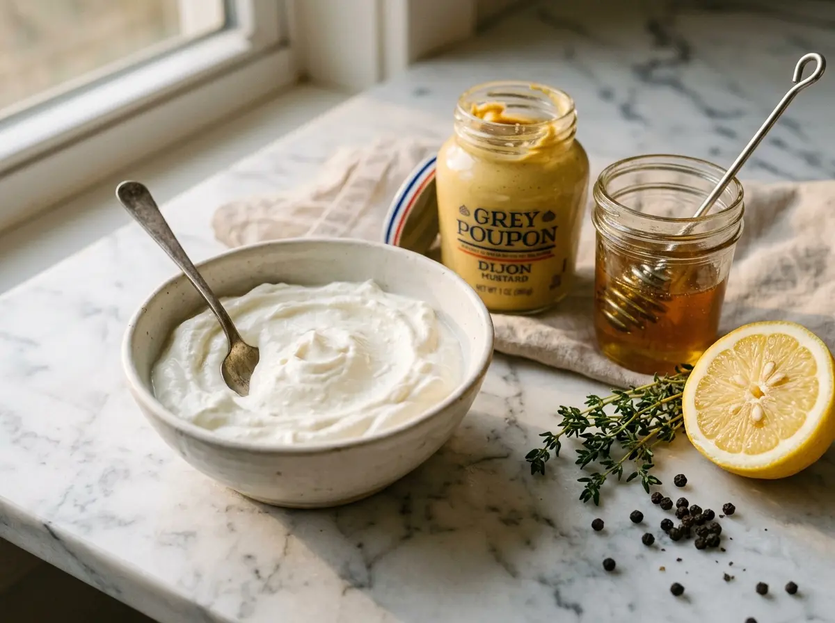 Ingredients for greek yogurt honey mustard recipe on counter