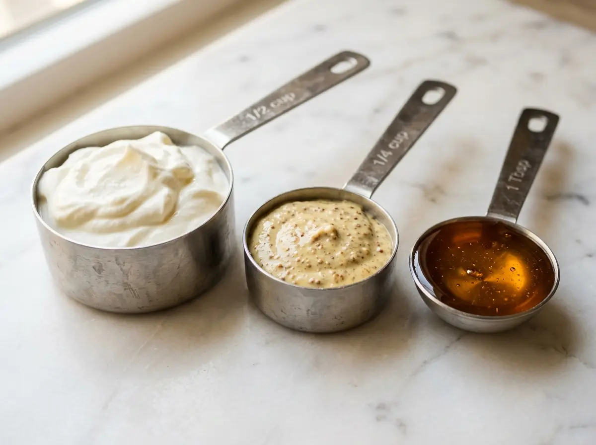  Measuring ingredients for greek yogurt honey mustard recipe
