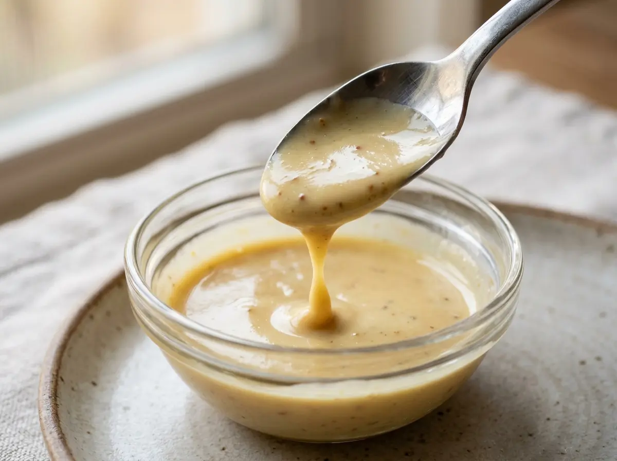 Tasting greek yogurt honey mustard recipe with a spoon