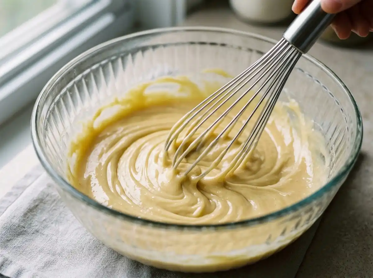 Whisking greek yogurt honey mustard recipe in a bowl