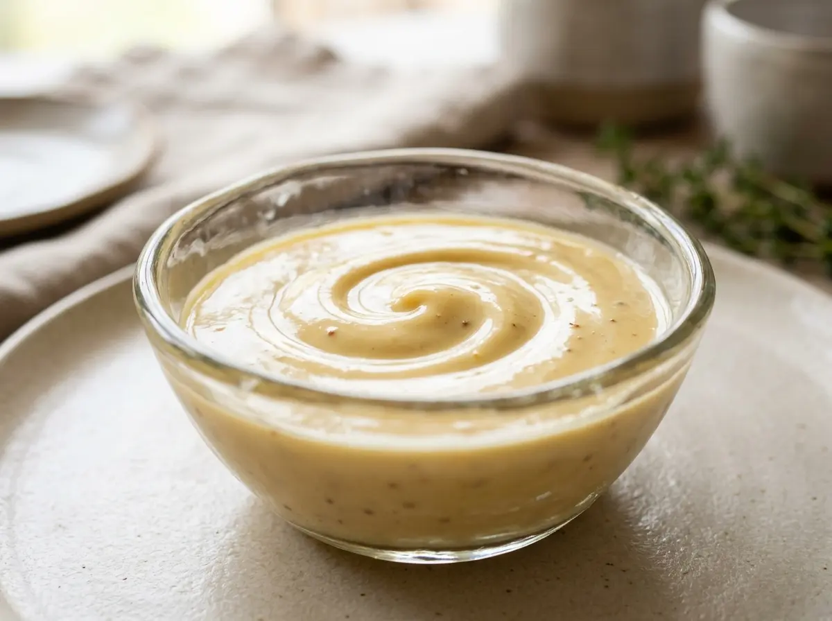 Greek yogurt honey mustard recipe in a glass bowl
