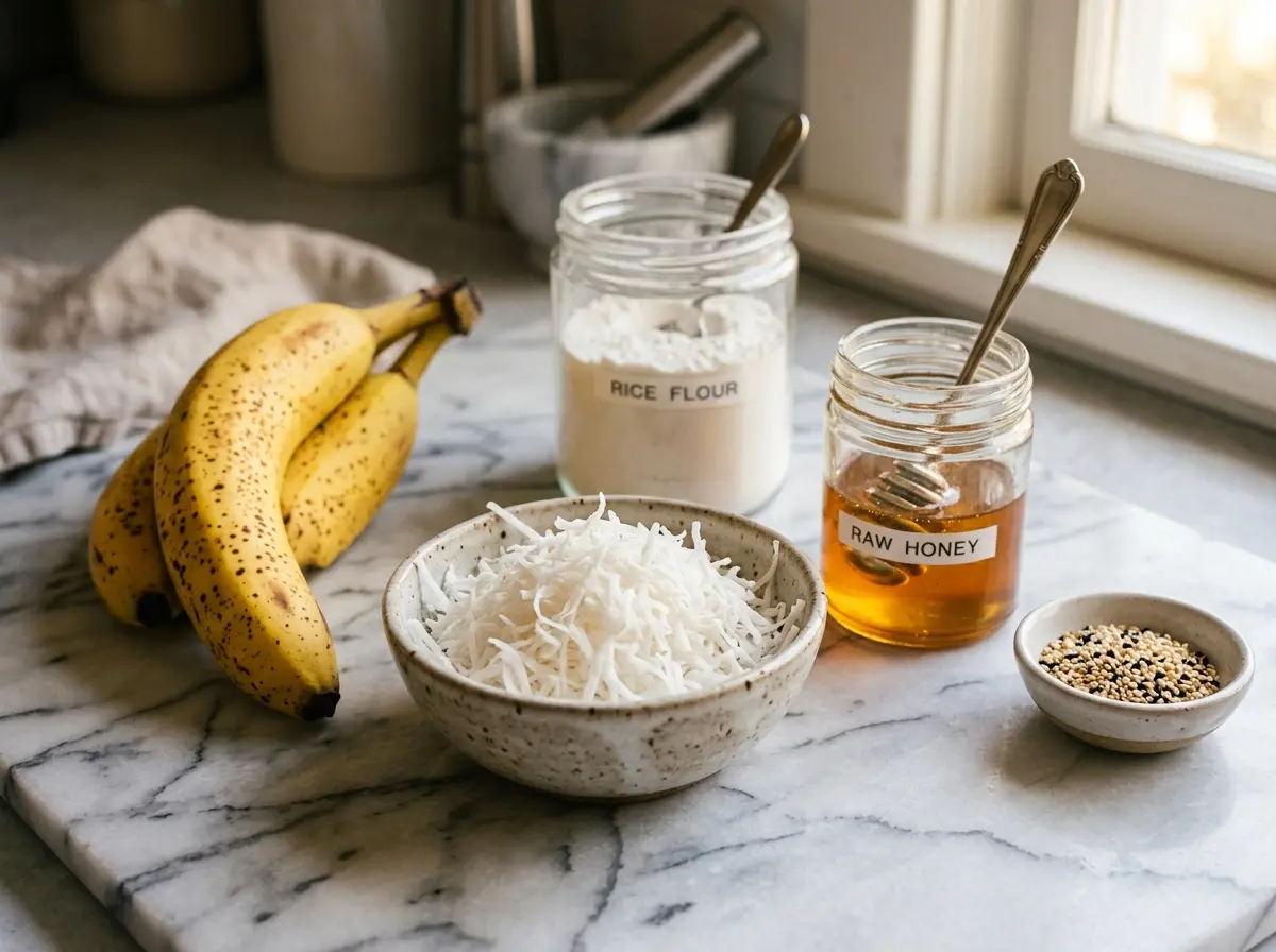  Ingredients for honey banana Thai dessert recipe on counter