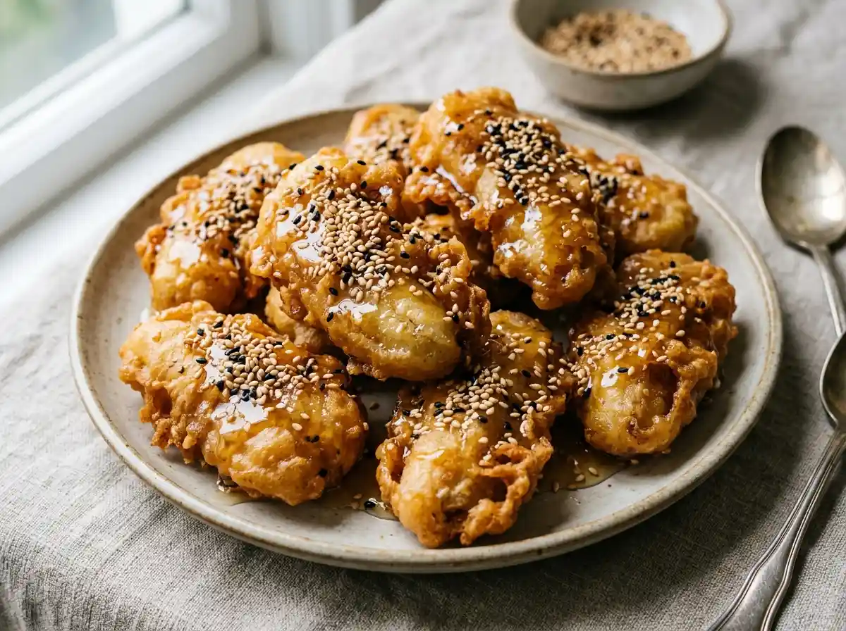 Honey banana Thai dessert recipe served with sesame seeds