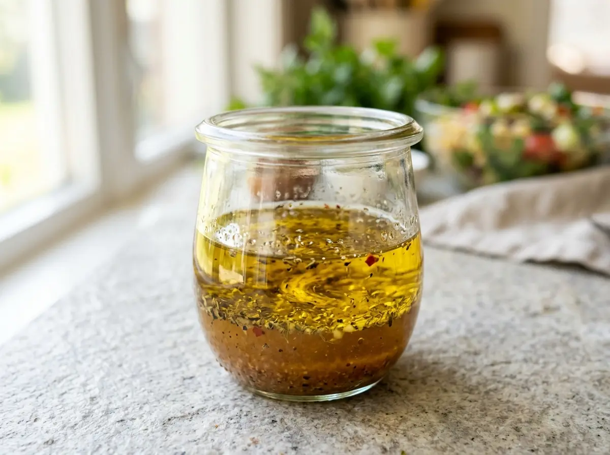 Pasta salad dressing recipe in a glass jar