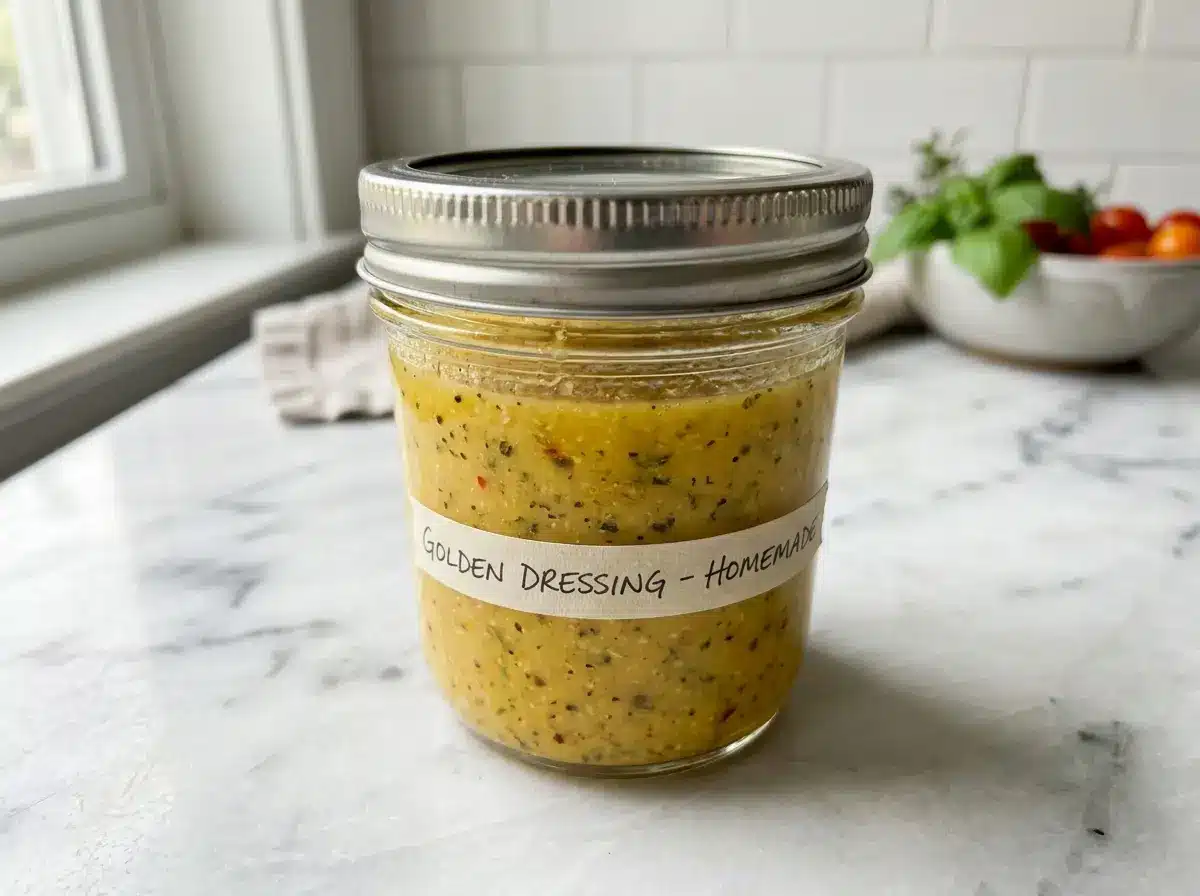pasta-salad-dressing-recipe-jar-storage Pasta salad dressing recipe stored in a sealed jar