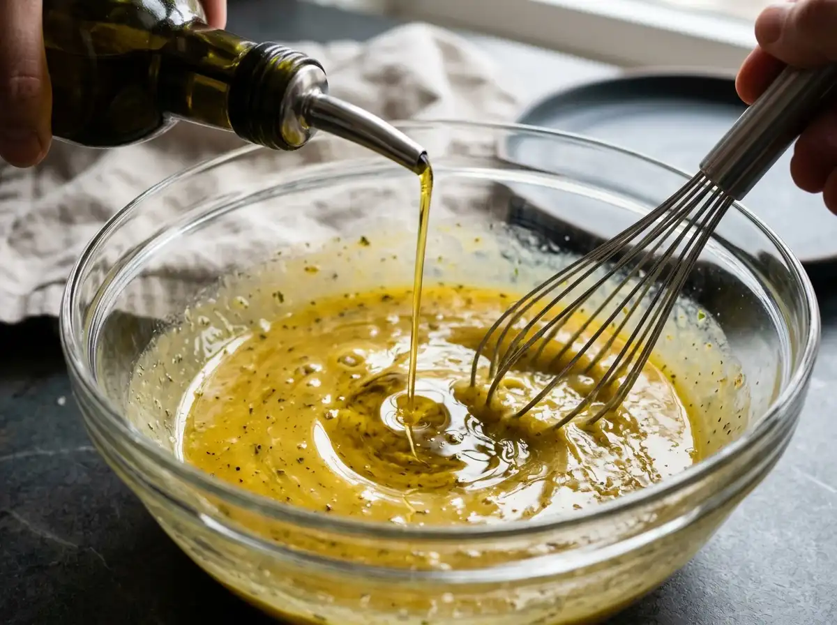 pasta-salad-dressing-recipe-whisking-oil Whisking olive oil into pasta salad dressing recipe
