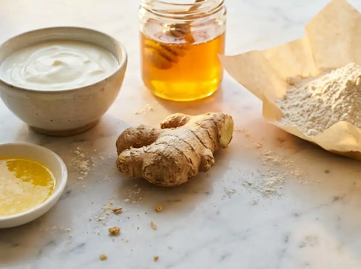 Baking_ingredients_on_marble_cou…_202609061255 Ingredients for honey ginger naan recipe on counter