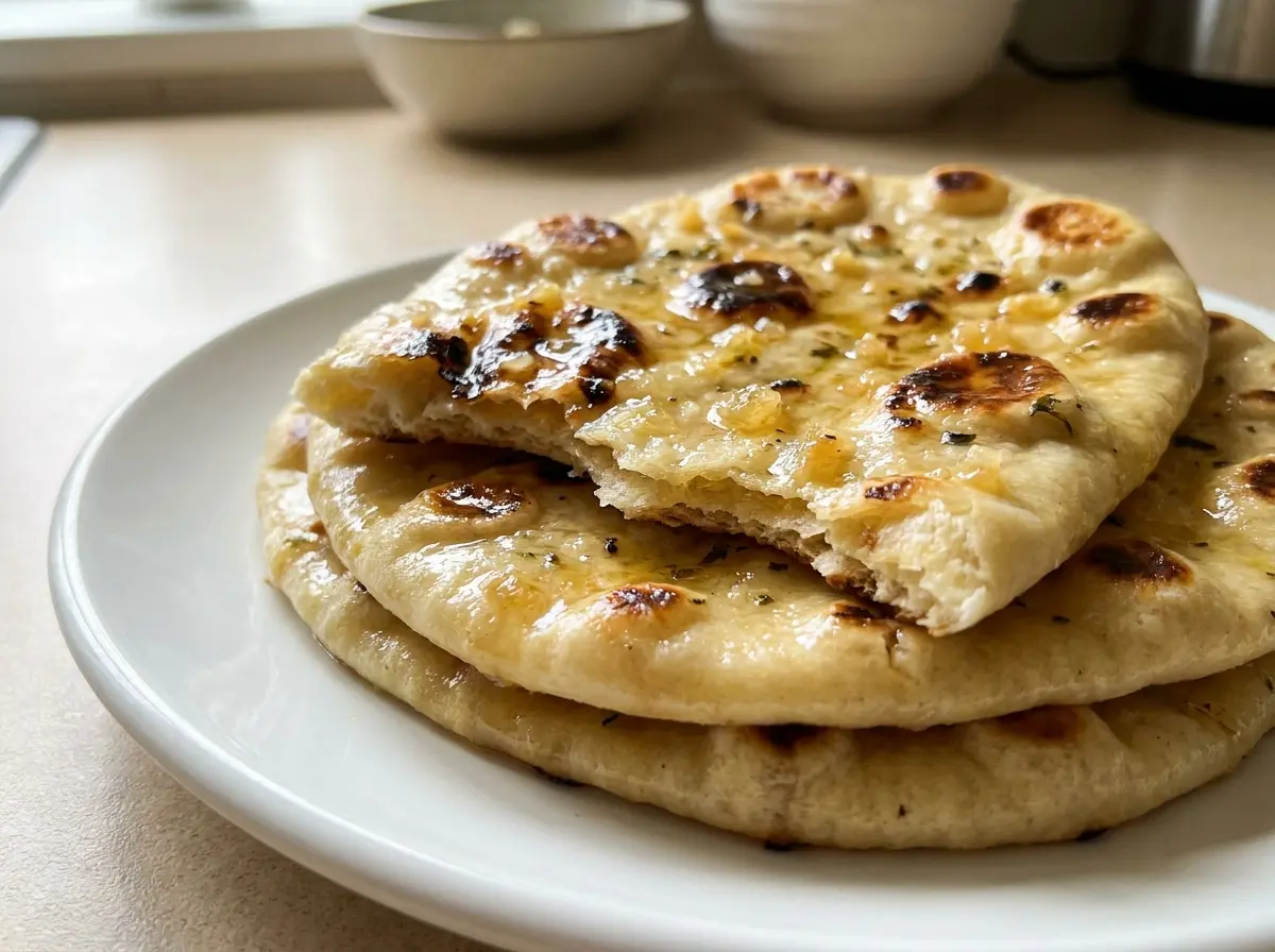 Honey ginger naan recipe stacked on a plate