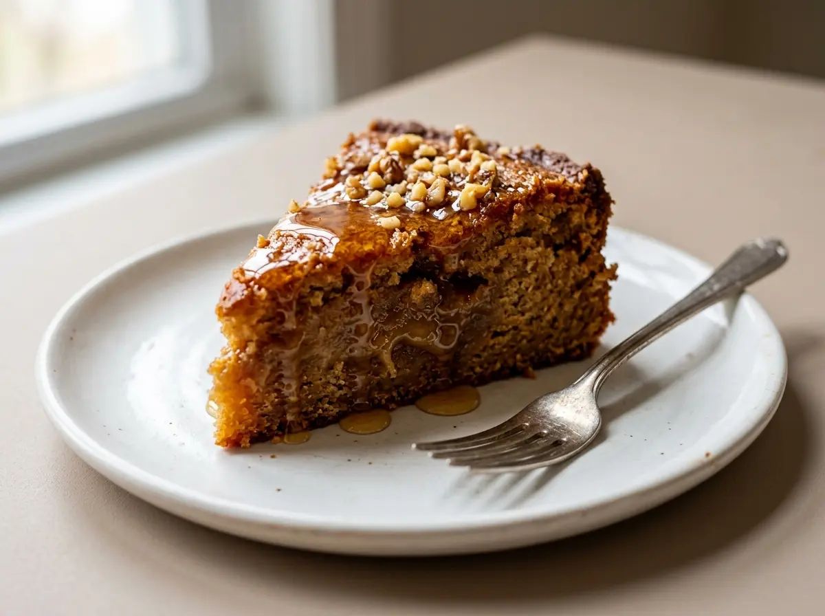 Sunken honey cake whipped egg whites served warm on plate