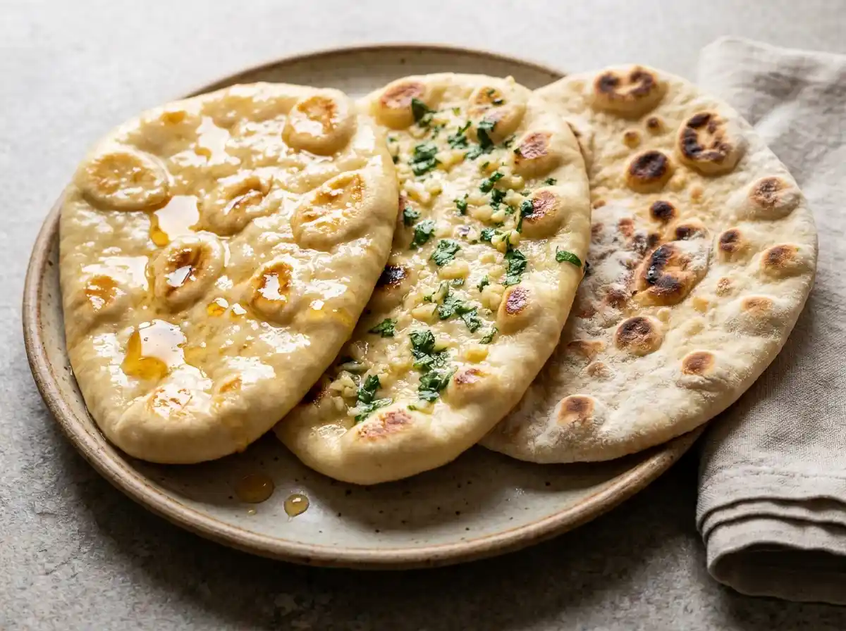 Three_naan_breads_side_by_202609061256 Honey ginger naan recipe compared to other naan styles