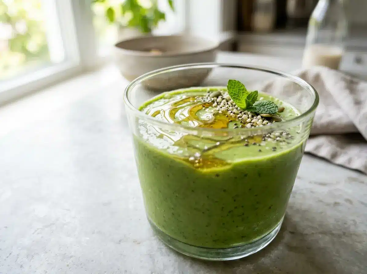 Green smoothie recipes in a glass with honey drizzle