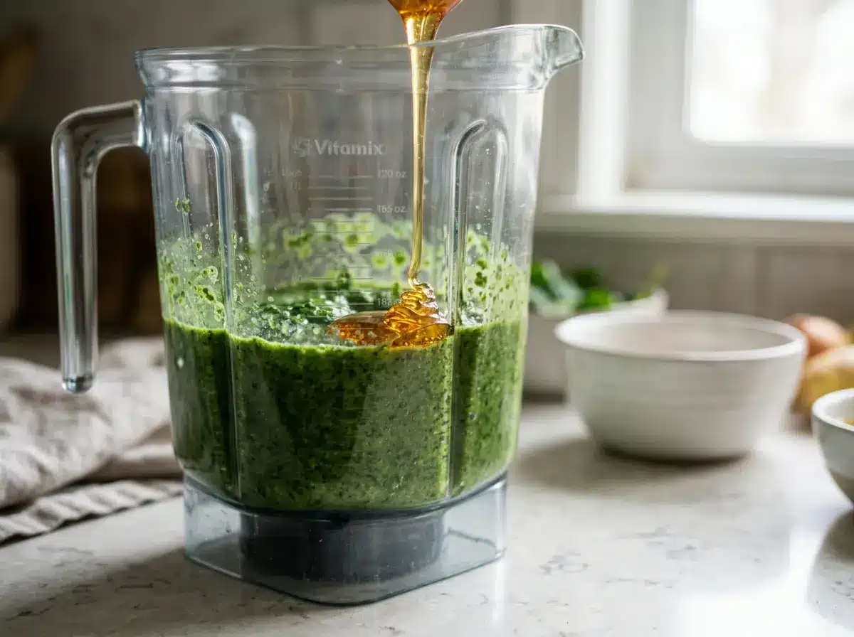 Pouring honey into green smoothie recipes