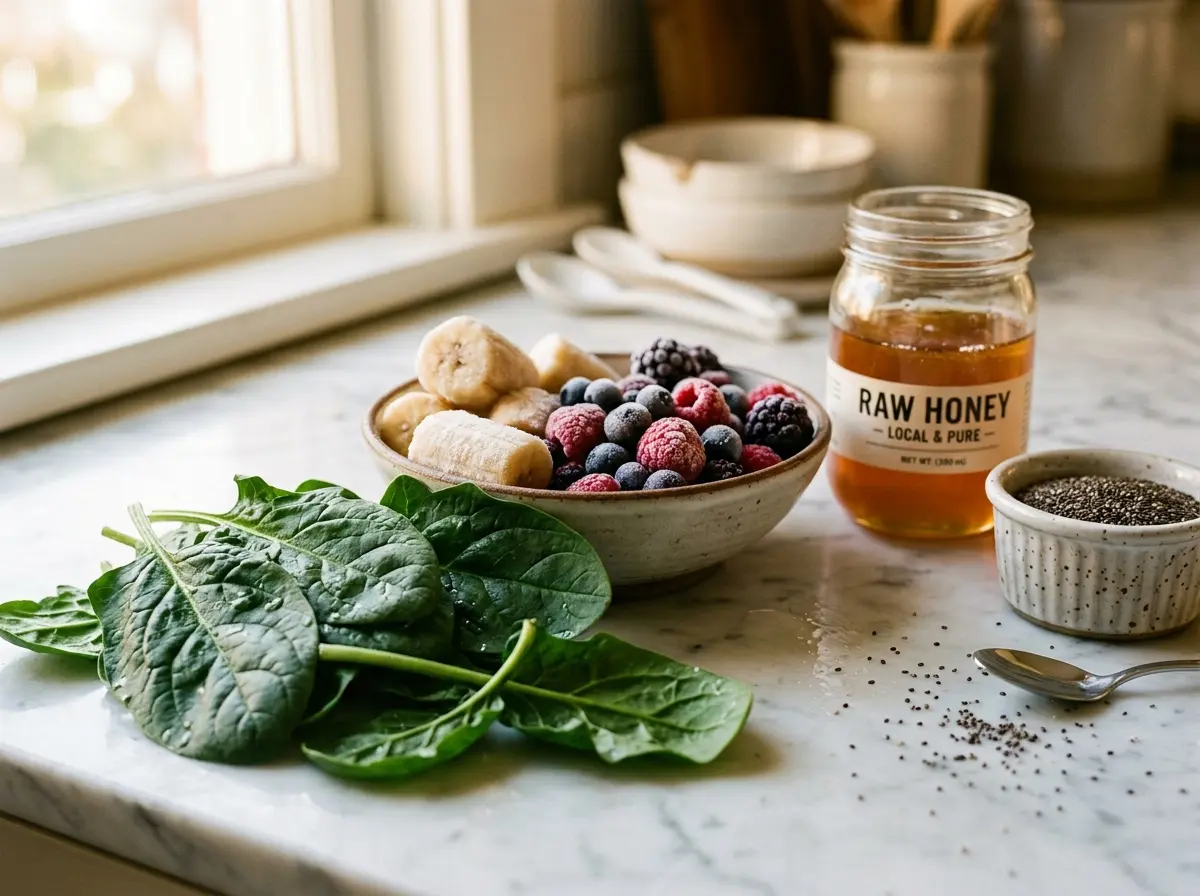 Ingredients for green smoothie recipes on counter