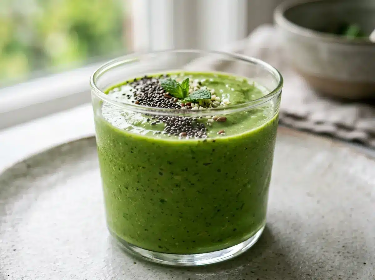 Green smoothie recipes served in a glass with chia seeds